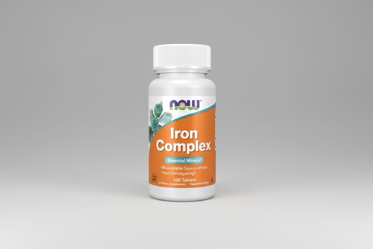 Bottle of NOW Iron Complex supplement on a white background