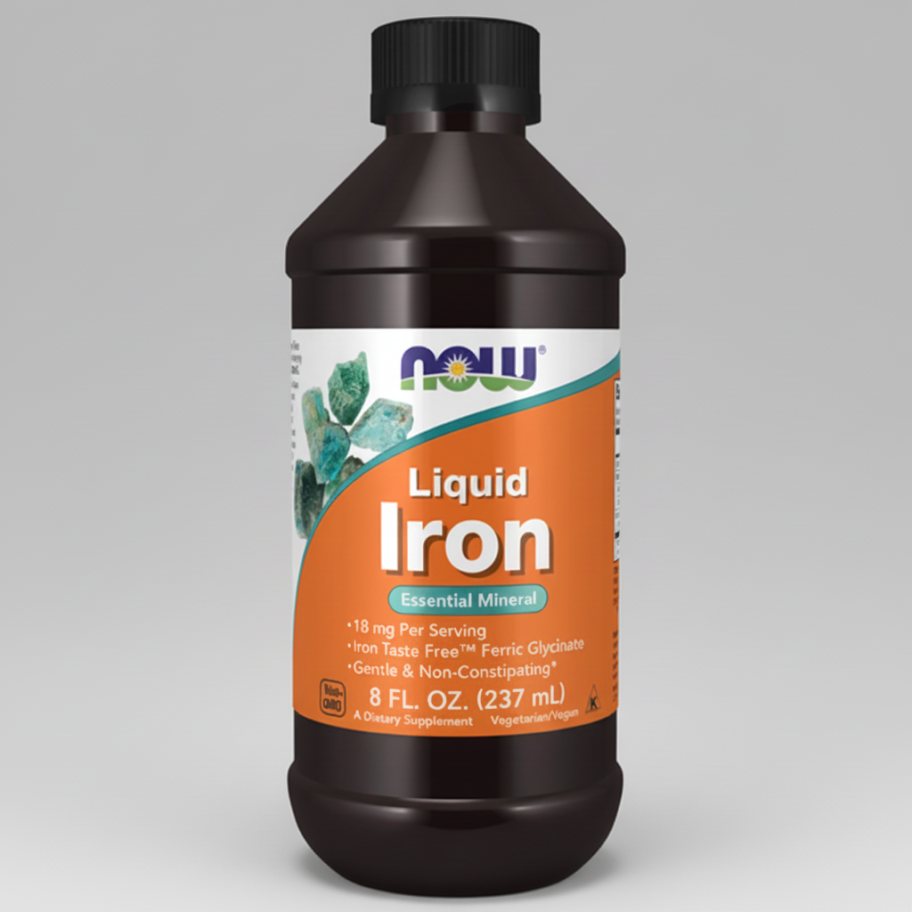 Bottle of NOW Liquid Iron supplement on a white background