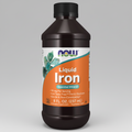 Bottle of NOW Liquid Iron supplement on a white background