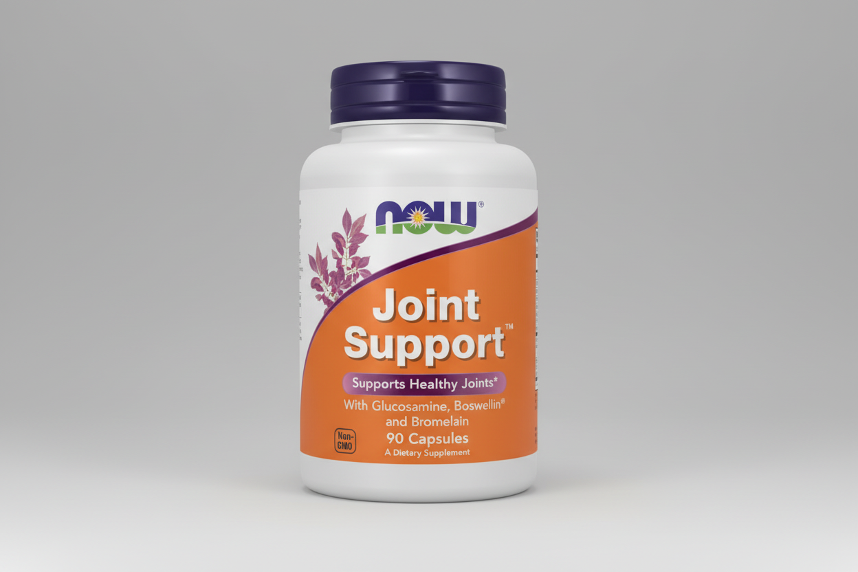 Supplement bottle labeled 'Joint Support' with NOW brand on a white background