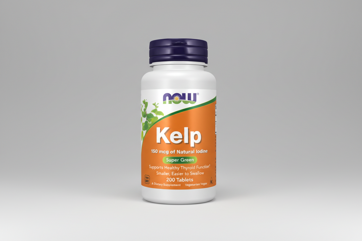 Kelp supplement bottle with NOW brand on a white background