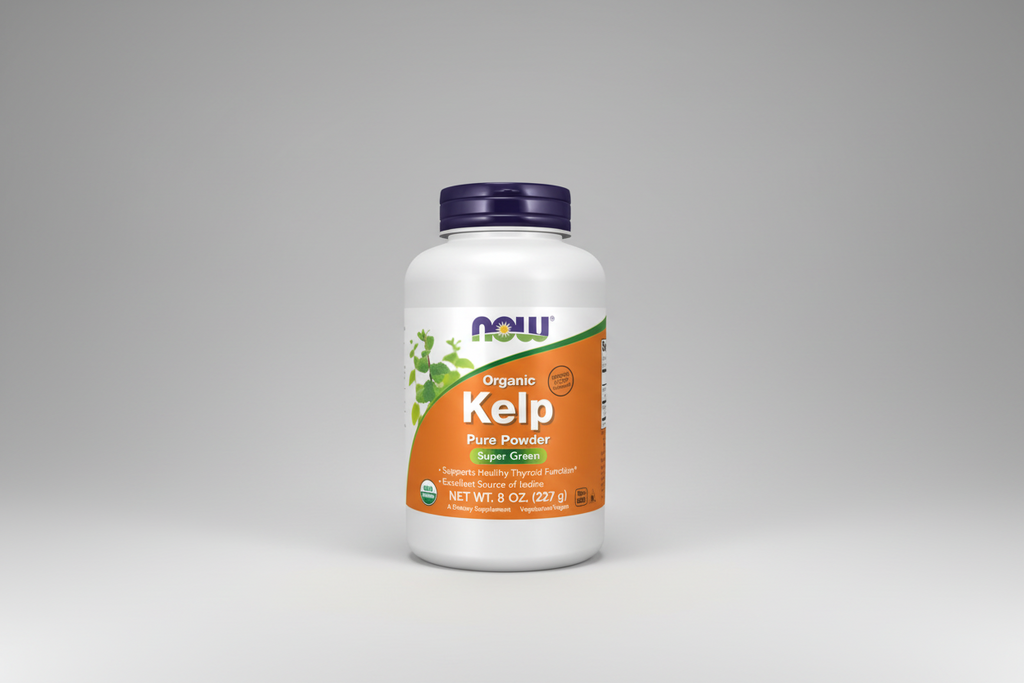 Bottle of NOW Organic Kelp Pure Powder on a white background