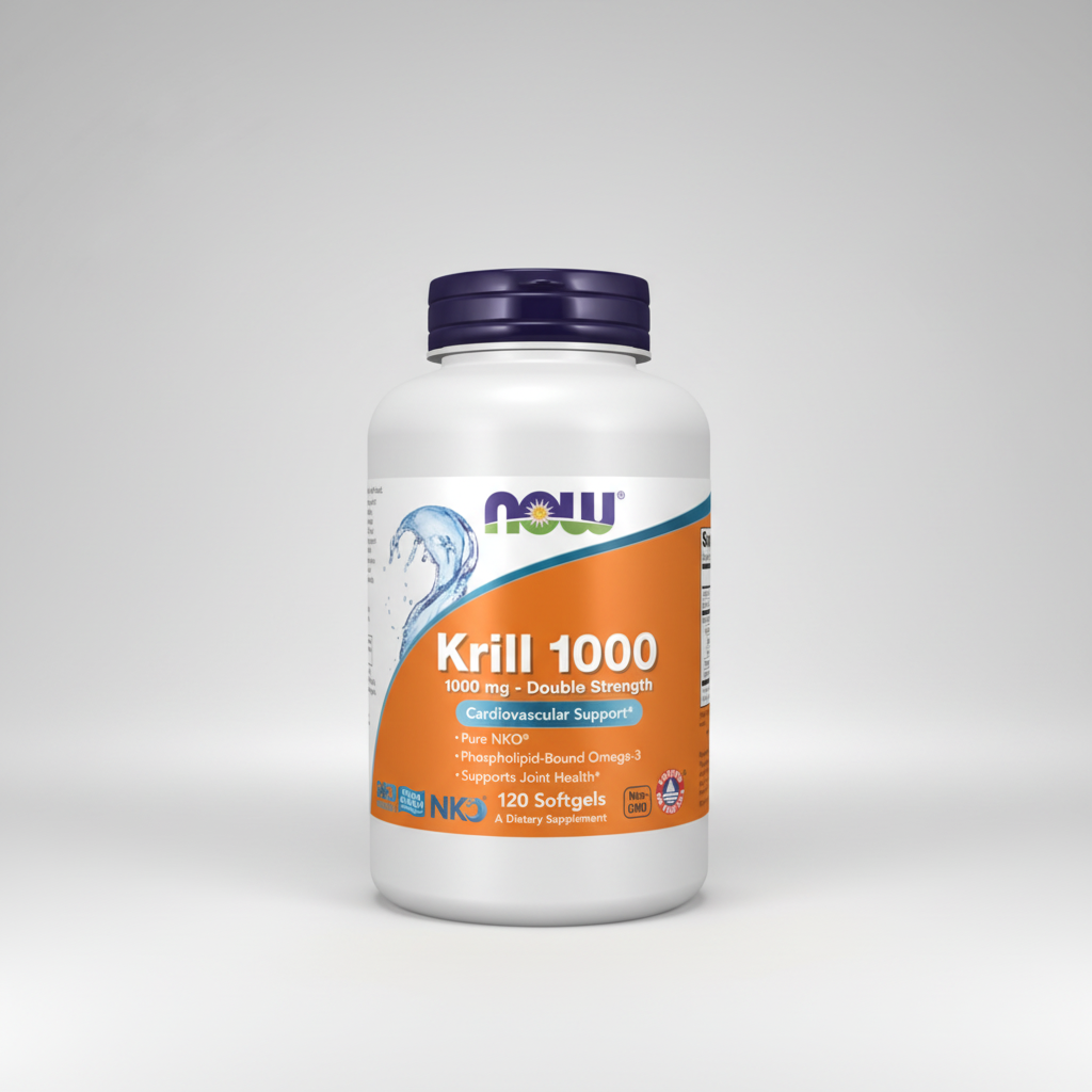 Supplement bottle labeled 'Krill 1000' with NOW brand on a white background