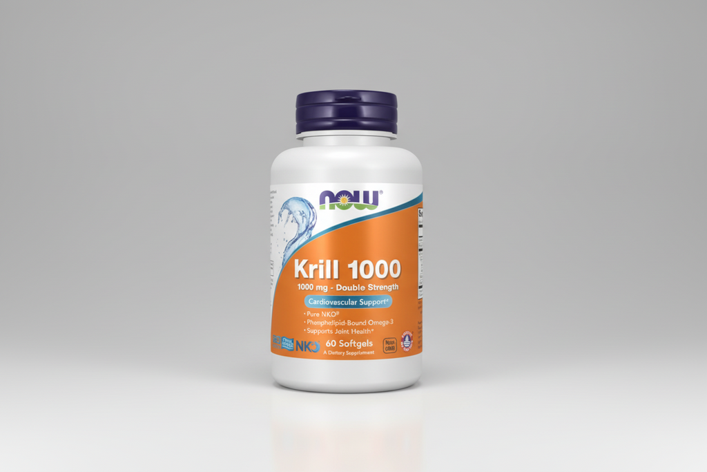 Supplement bottle labeled 'Krill 1000' with Now brand on a white background