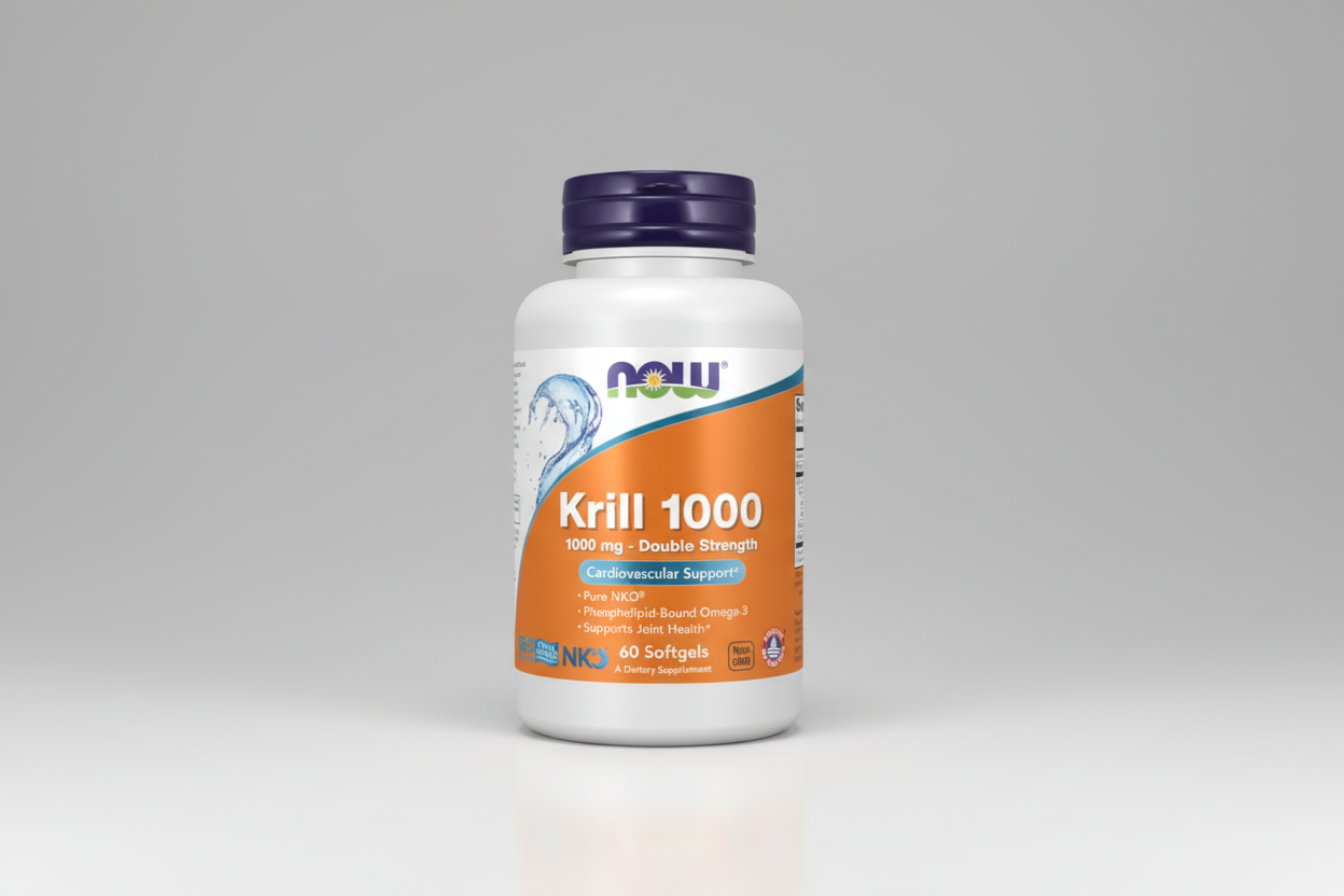 Supplement bottle labeled 'Krill 1000' with Now brand on a white background
