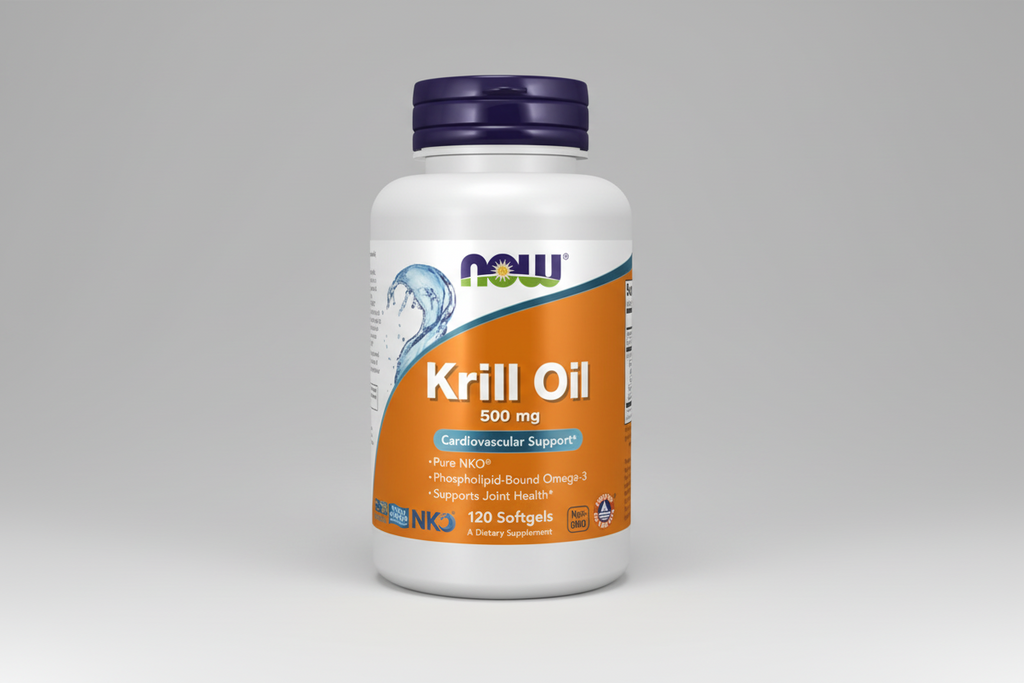 Krill oil supplement bottle with Now brand on a white background