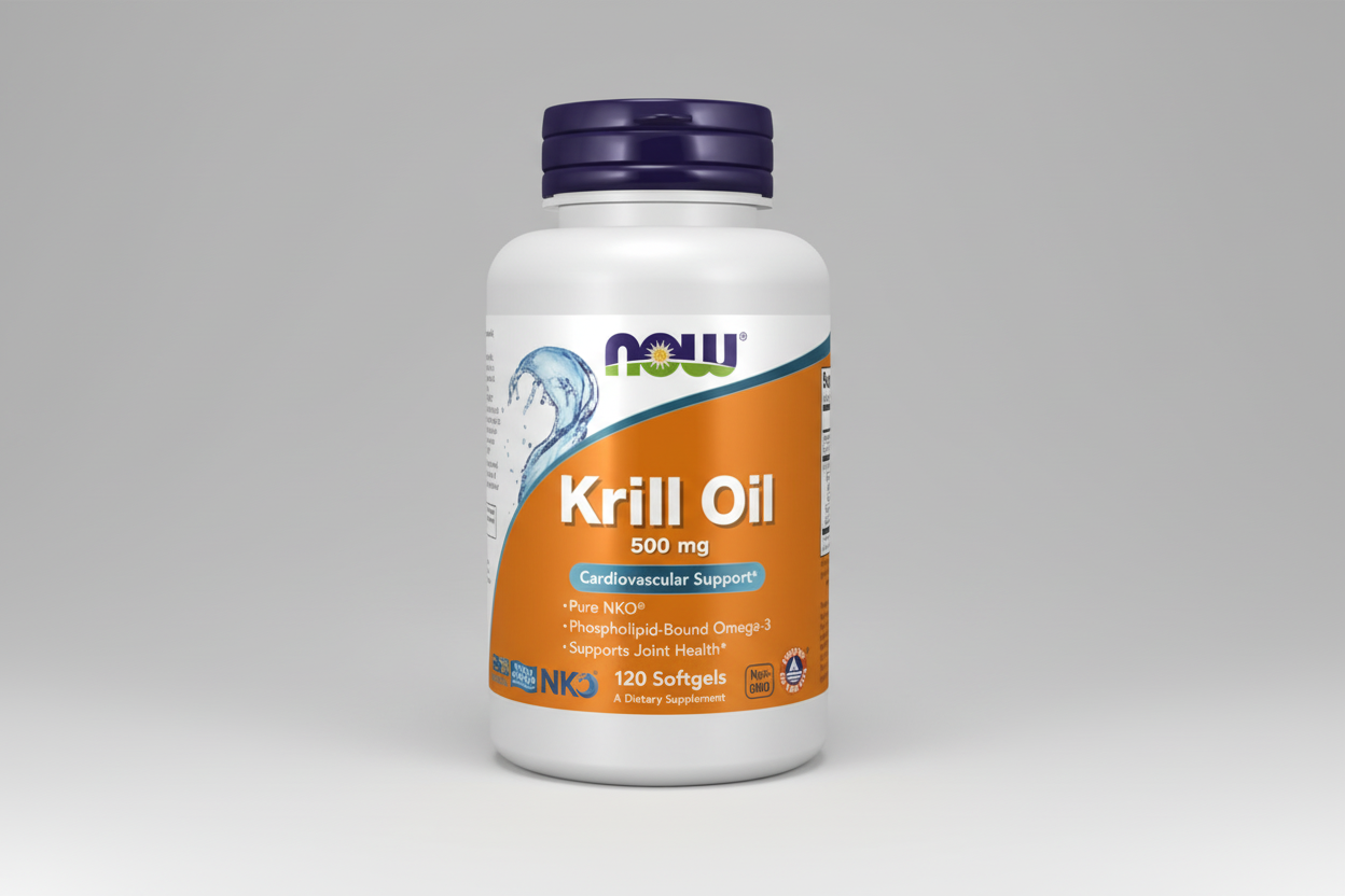 Krill oil supplement bottle with Now brand on a white background