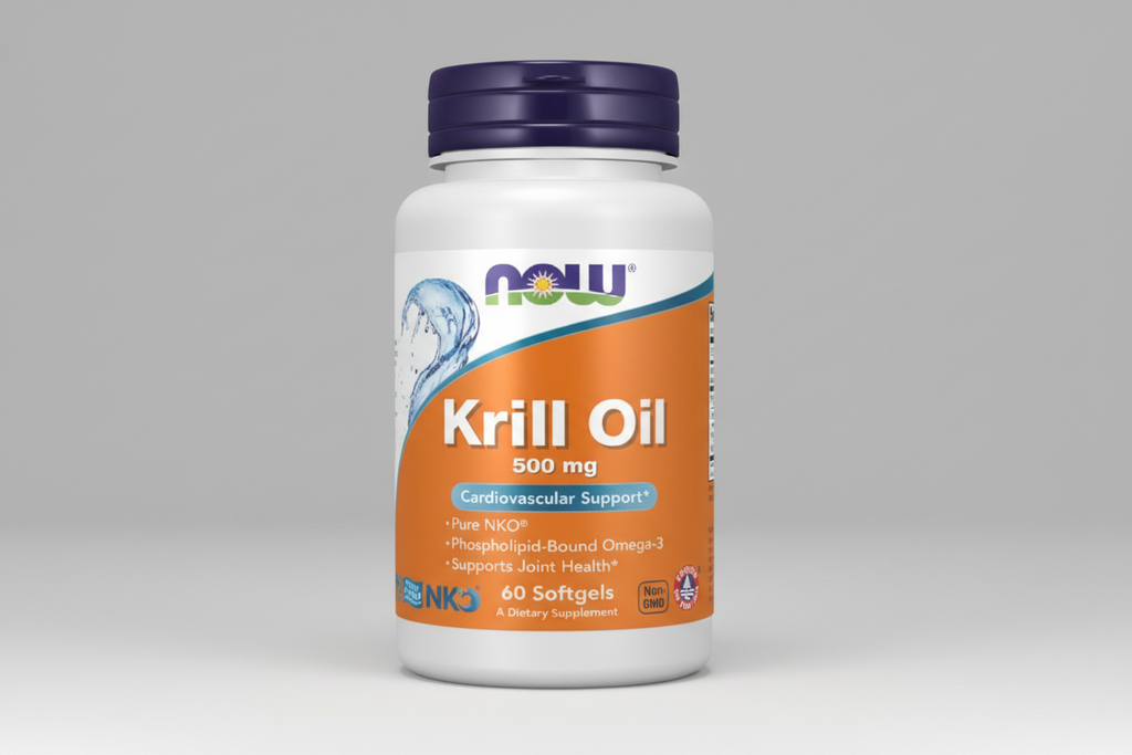 Krill oil supplement bottle with NOW brand on a white background