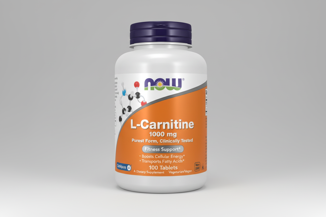 Supplement bottle of L-Carnitine 1000 mg by NOW on a white background