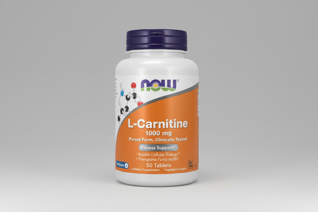 Supplement bottle labeled 'L-Carnitine 1000 mg' by NOW on a white background