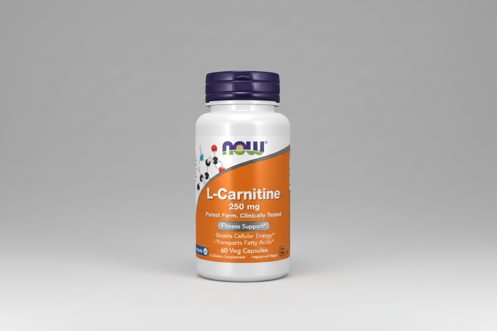 Supplement bottle labeled 'L-Carnitine 250 mg' with NOW brand on a white background