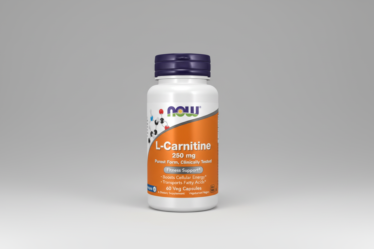 Supplement bottle labeled 'L-Carnitine 250 mg' with NOW brand on a white background
