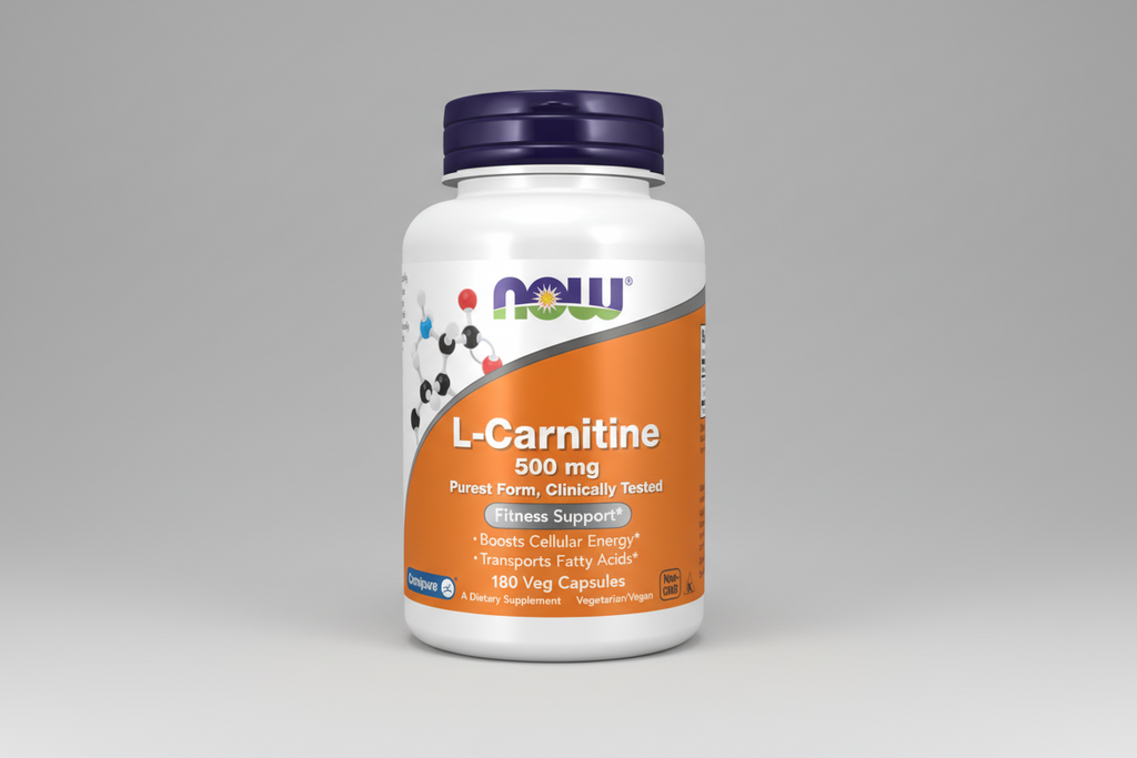 Supplement bottle of L-Carnitine 500 mg with Now brand on a white background