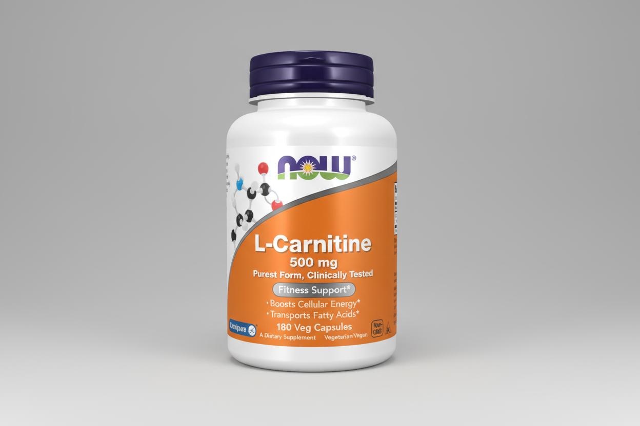 Supplement bottle of L-Carnitine 500 mg with Now brand on a white background