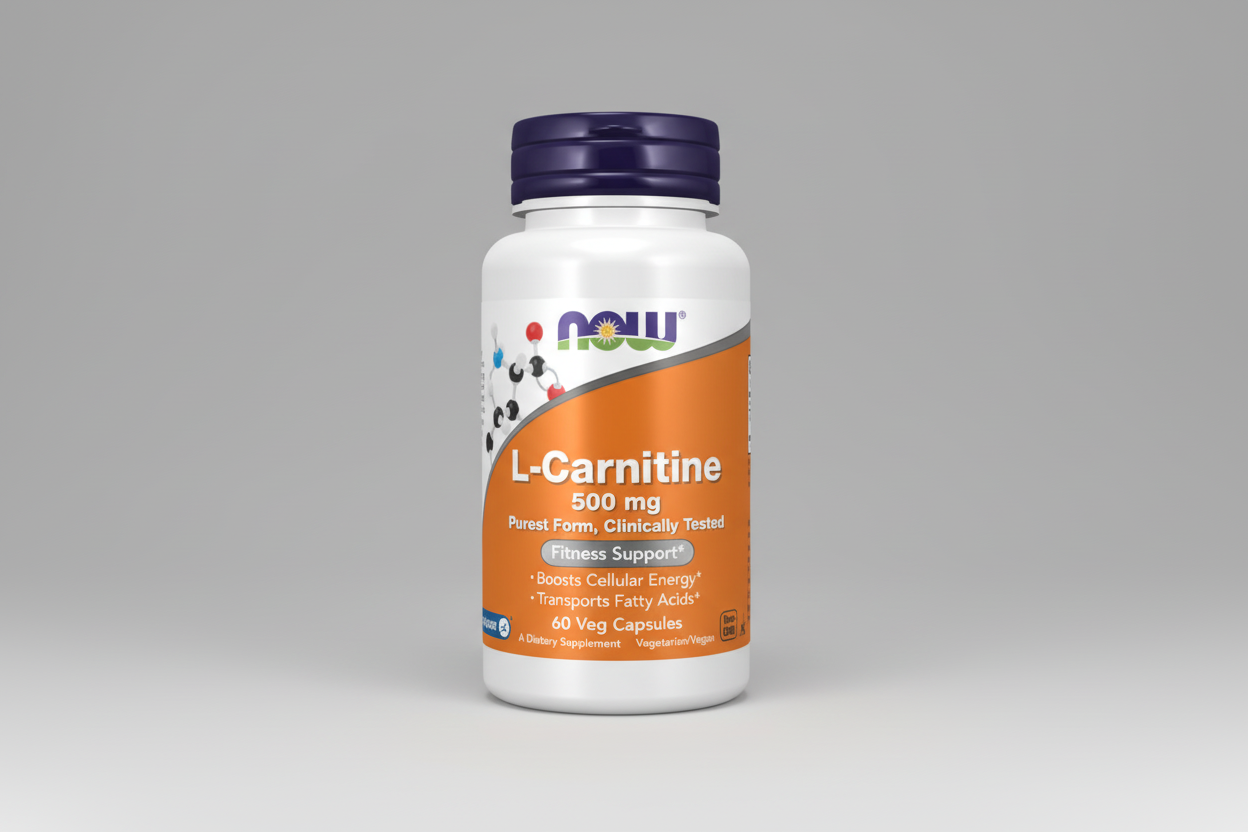 Supplement bottle labeled 'L-Carnitine 500 mg' with NOW brand on a white background