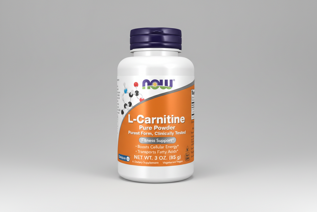 Supplement bottle of L-Carnitine Pure Powder with Now brand on a white background