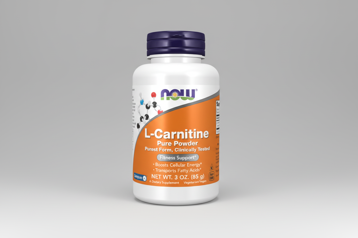 Supplement bottle of L-Carnitine Pure Powder with Now brand on a white background