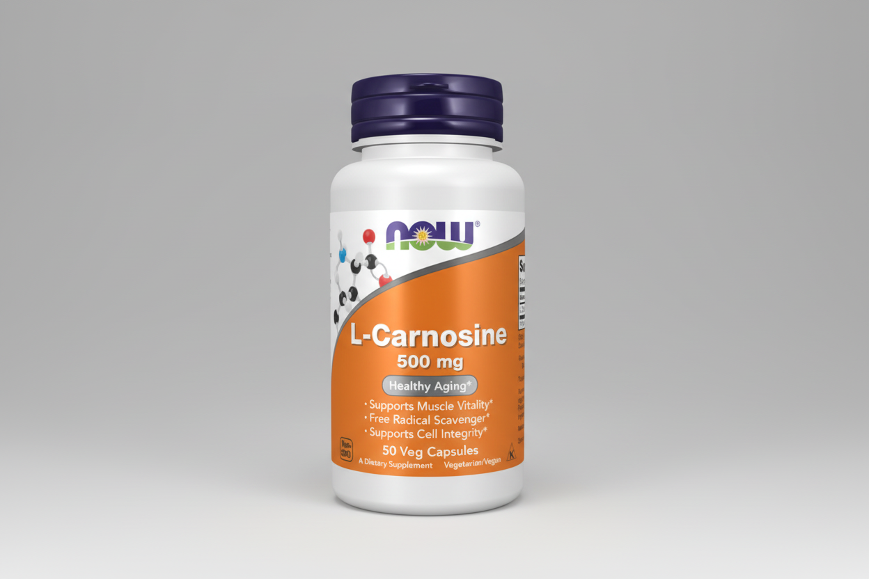 Supplement bottle of L-Carnosine 500 mg with Now brand on a white background