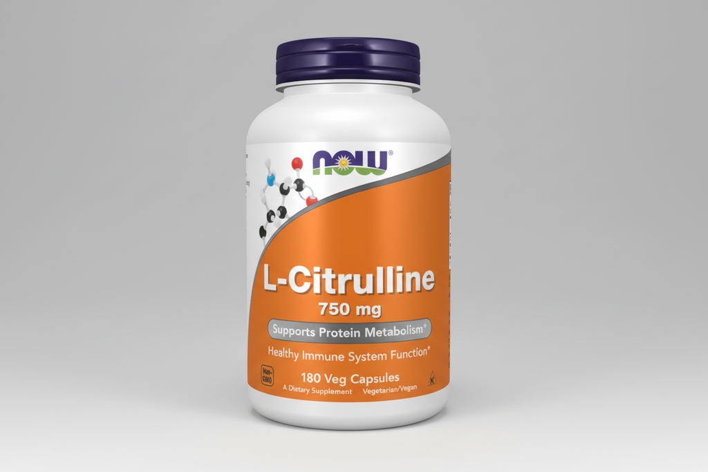 Supplement bottle labeled 'L-Citrulline 750 mg' by NOW on a white background