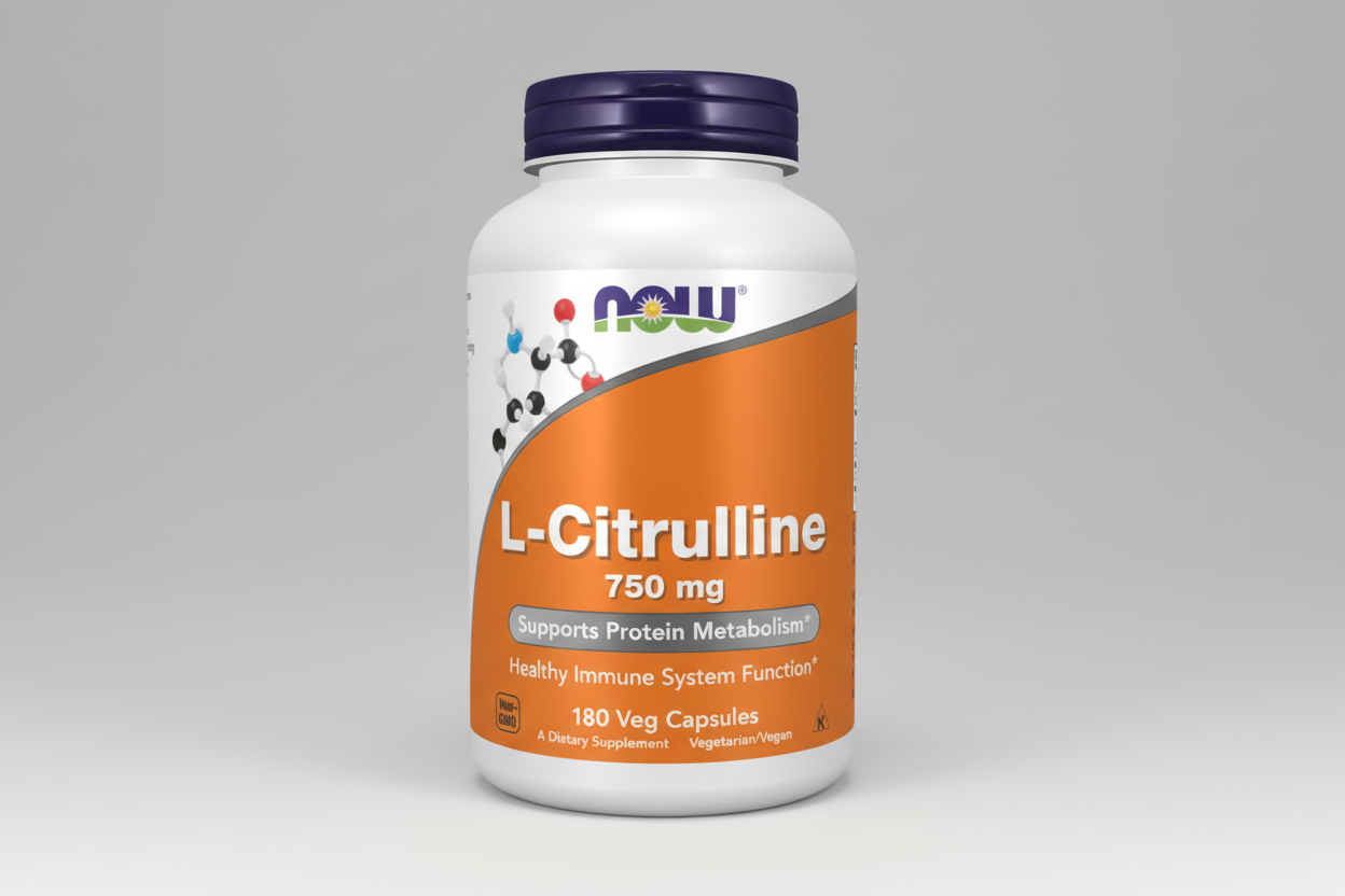 Supplement bottle labeled 'L-Citrulline 750 mg' by NOW on a white background