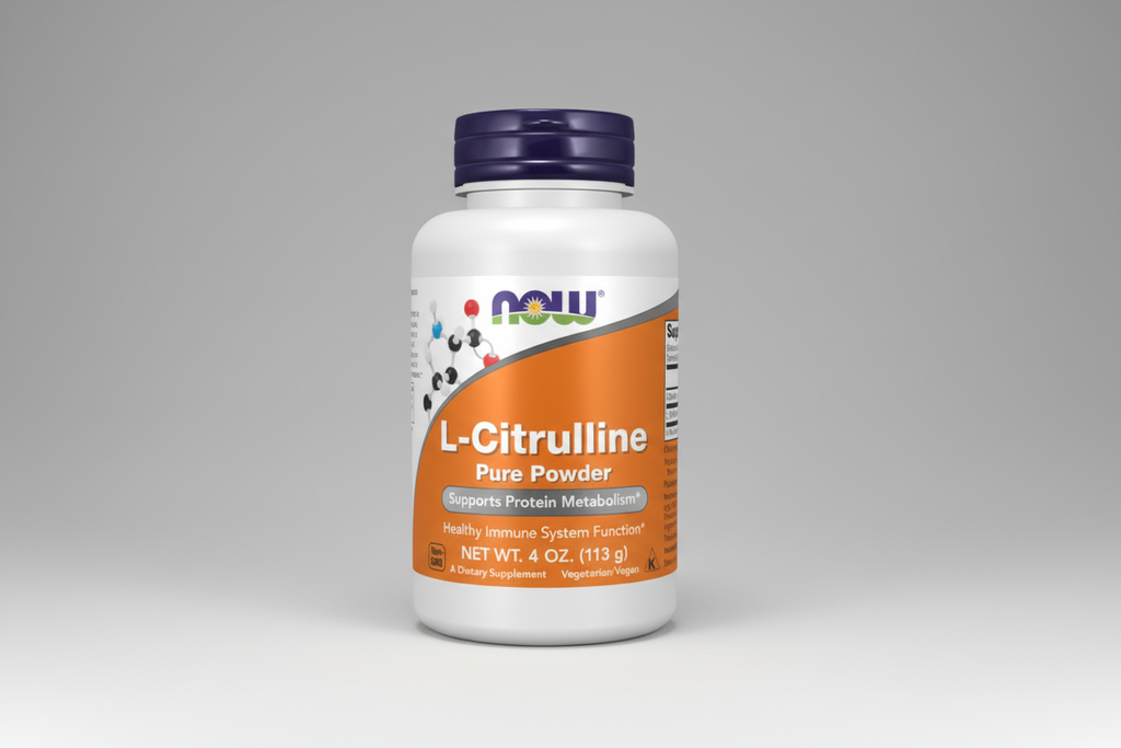 Supplement bottle labeled 'L-Citrulline Pure Powder' with Now brand on a white background