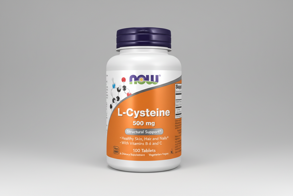 Supplement bottle labeled 'L-Cysteine 500 mg' with NOW brand on a white background