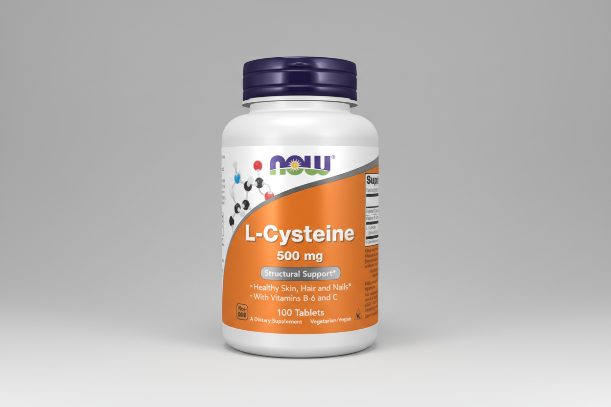Supplement bottle labeled 'L-Cysteine 500 mg' with NOW brand on a white background