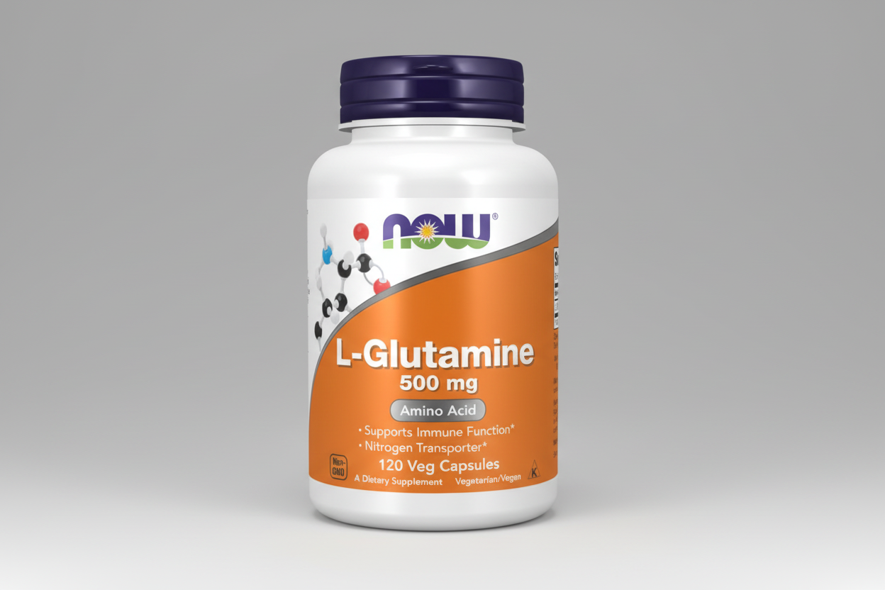 Supplement bottle labeled 'L-Glutamine 500 mg' by NOW on a white background