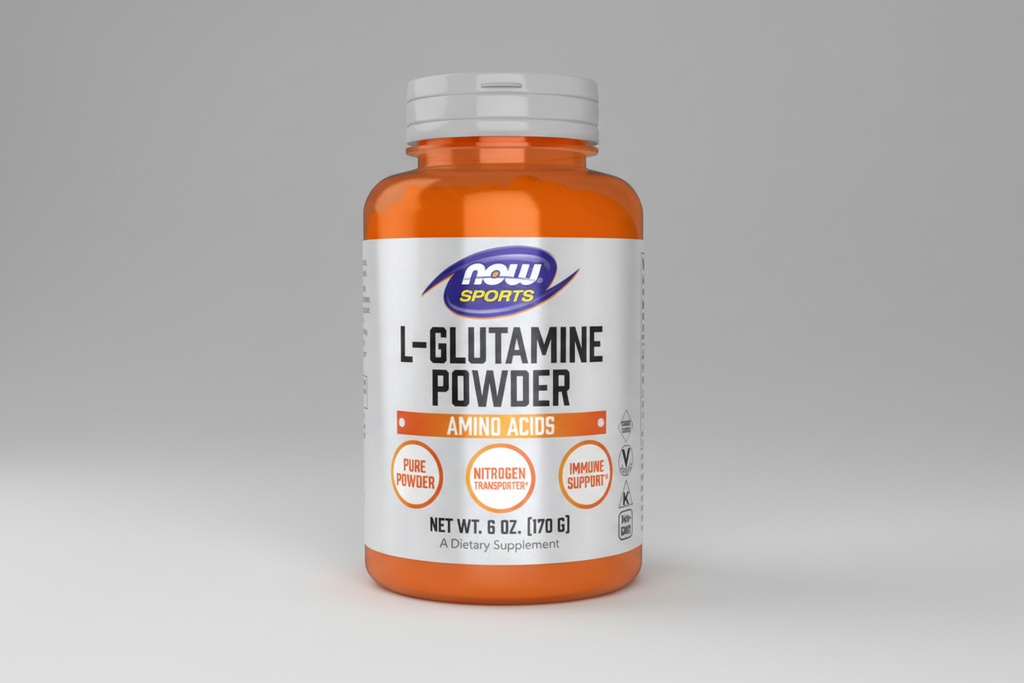 Supplement bottle of L-Glutamine Powder by NOW Sports on a white background
