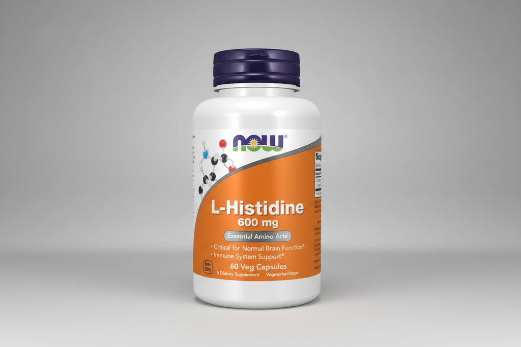 Supplement bottle labeled 'L-Histidine 600 mg' with NOW brand on an orange and white label.