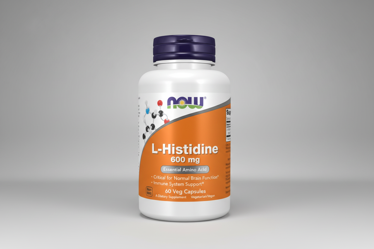 Supplement bottle labeled 'L-Histidine 600 mg' with NOW brand on an orange and white label.