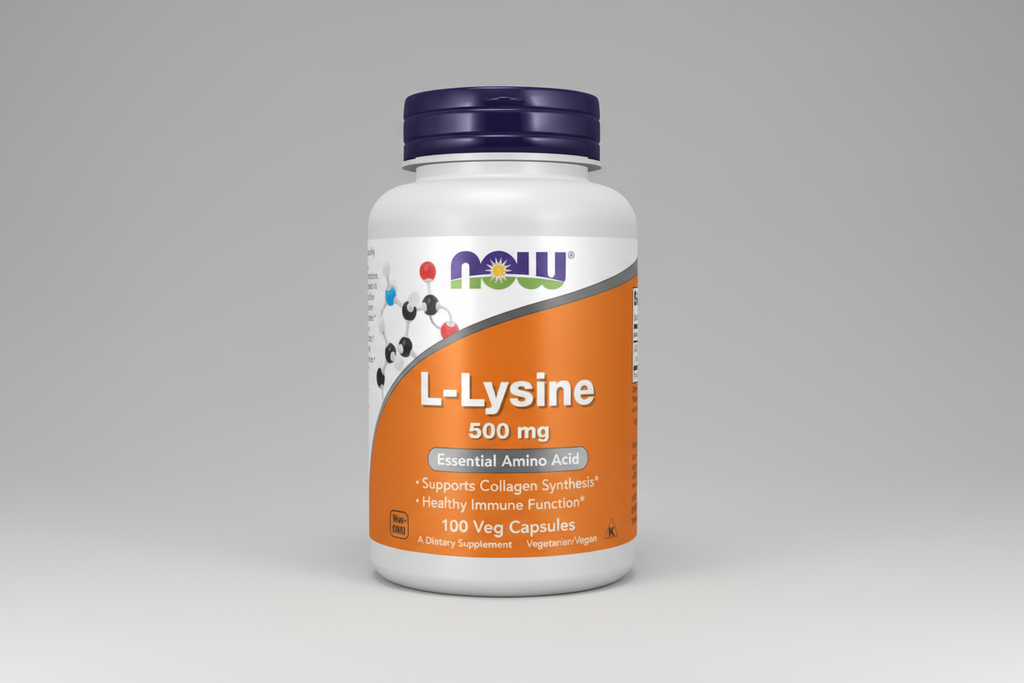 Supplement bottle labeled 'L-Lysine 500 mg' with Now brand on a white background