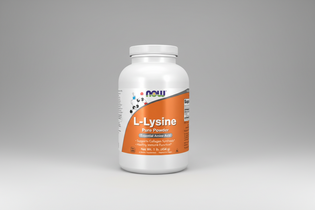 Supplement bottle labeled 'L-Lysine Pure Powder' by NOW on a white background