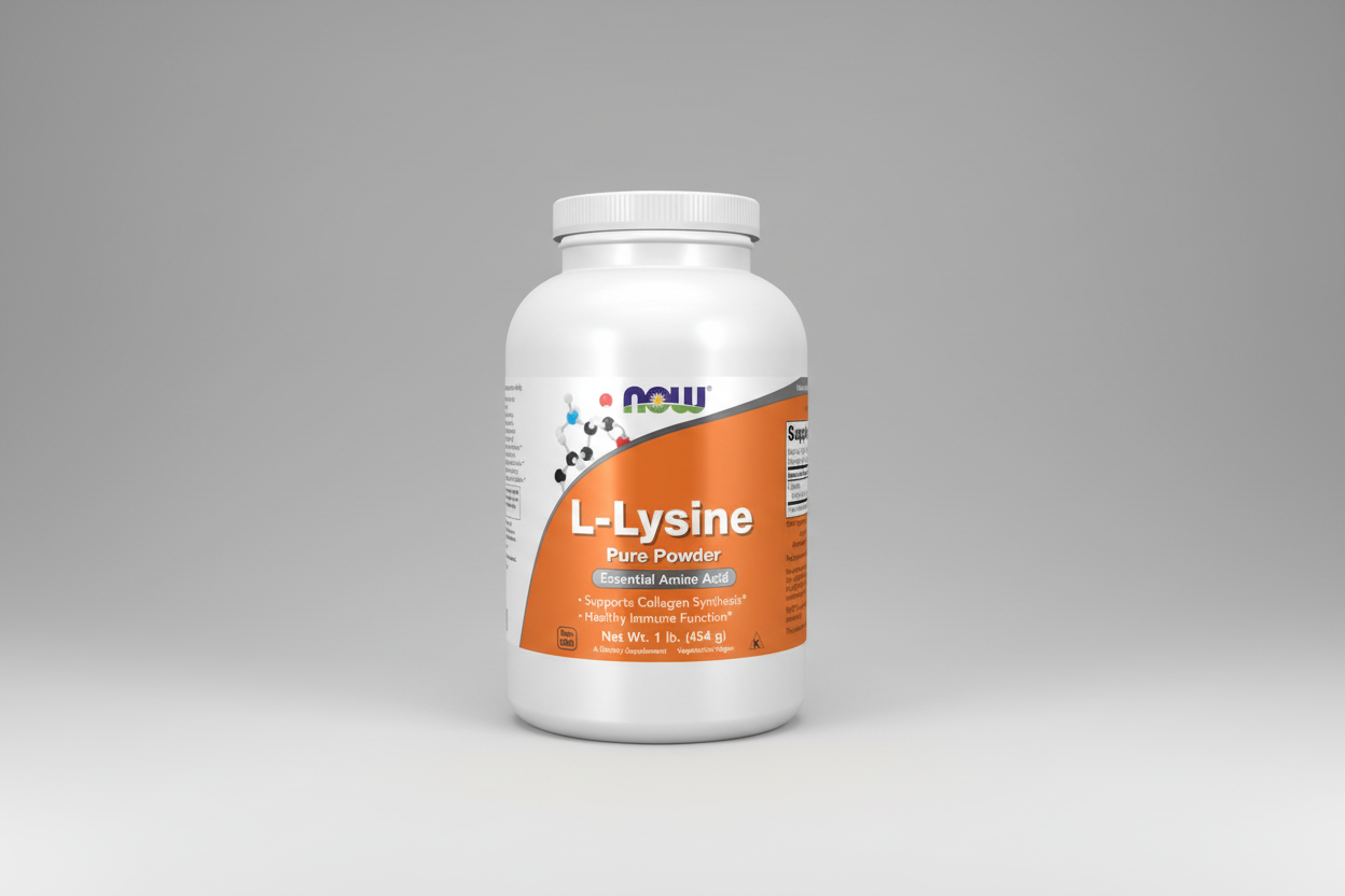 Supplement bottle labeled 'L-Lysine Pure Powder' by NOW on a white background