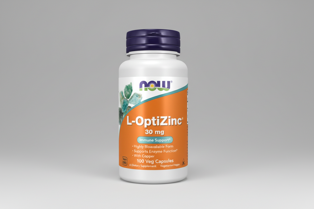Supplement bottle labeled 'L-OptiZinc' with Now brand on a white background