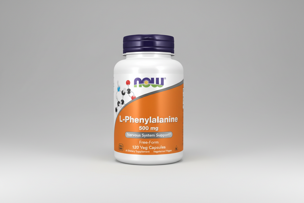 Supplement bottle labeled 'L-Phenylalanine' with Now brand on a white background