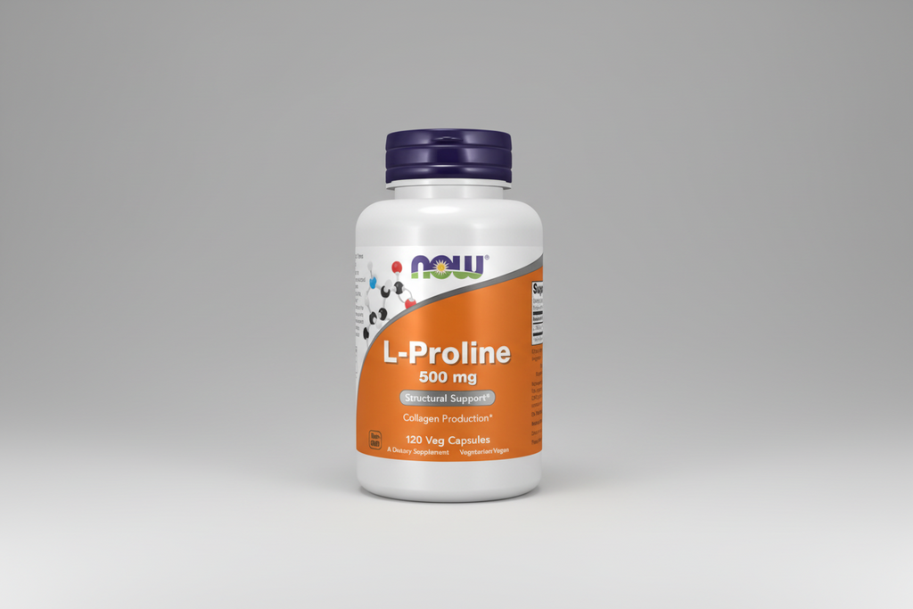 Supplement bottle labeled 'L-Proline 500 mg' with NOW brand on a white background