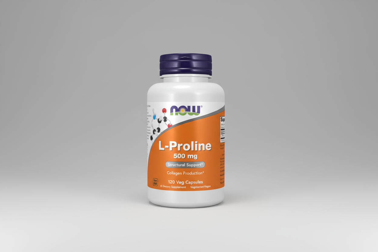 Supplement bottle labeled 'L-Proline 500 mg' with NOW brand on a white background