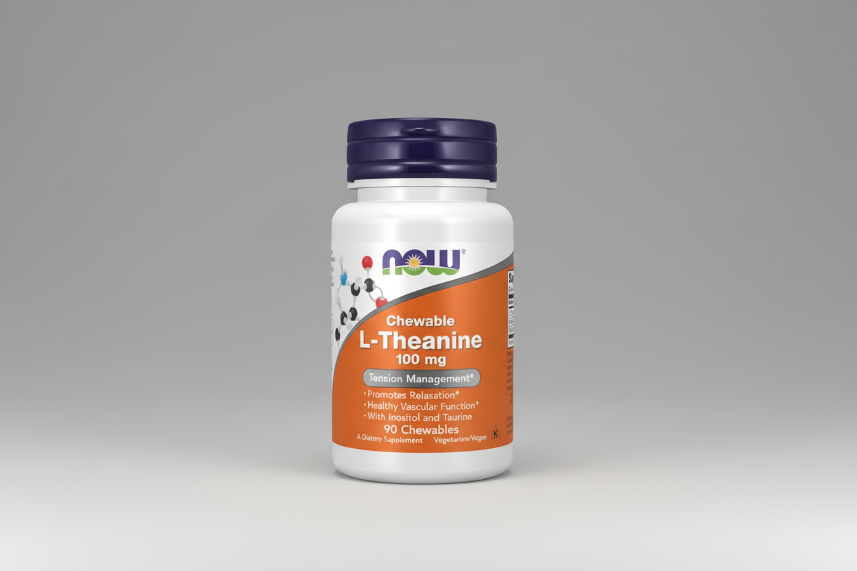Supplement bottle labeled 'Chewable L-Theanine 100 mg' by NOW on a white background