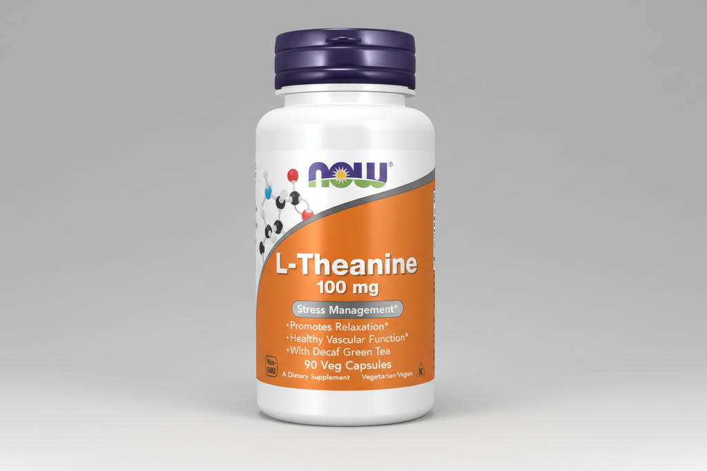 Supplement bottle labeled 'L-Theanine 100 mg' with NOW brand on a white background