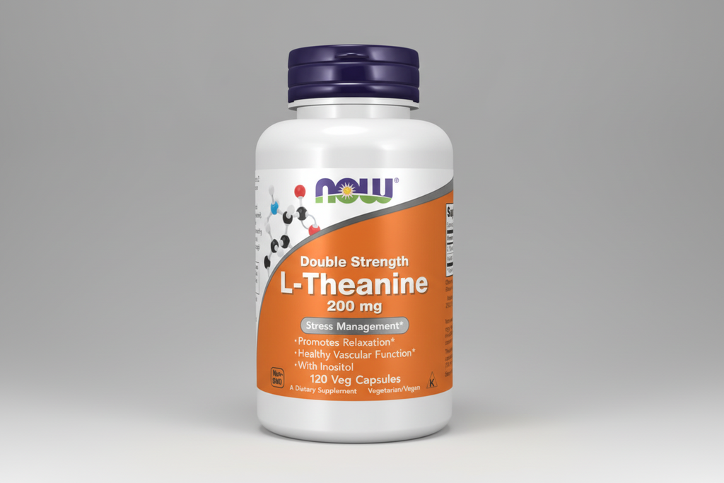 Supplement bottle labeled 'Double Strength L-Theanine 200 mg' with NOW brand on a white background