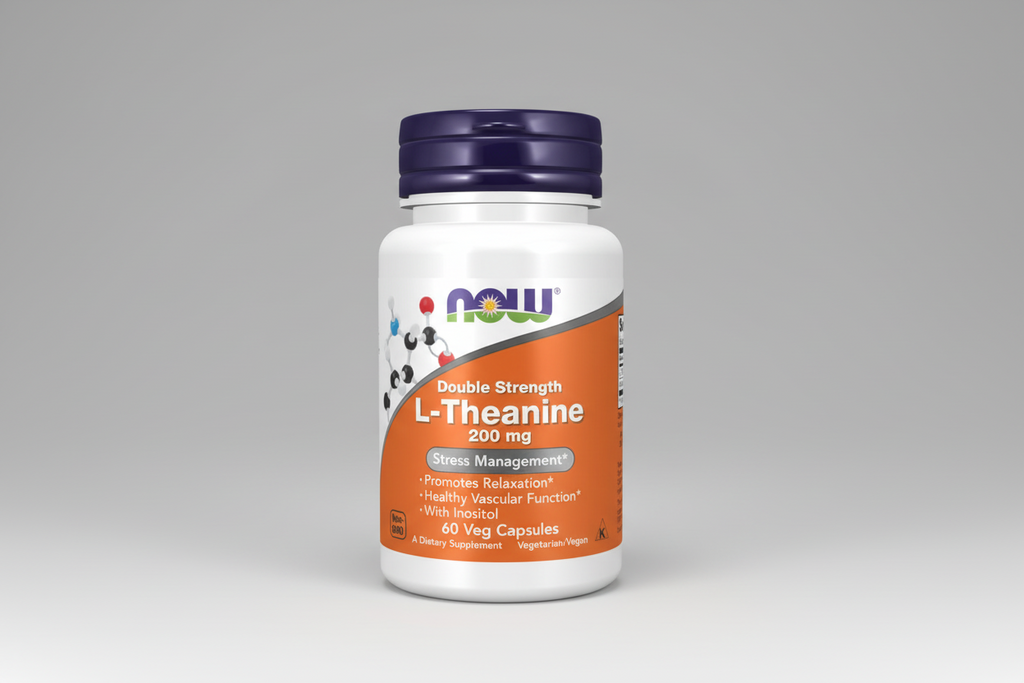 Supplement bottle labeled 'Double Strength L-Theanine 200 mg' with NOW brand on a white background