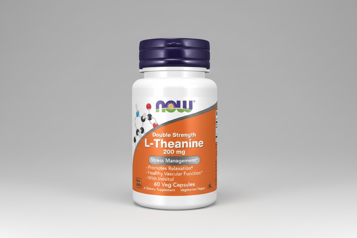 Supplement bottle labeled 'Double Strength L-Theanine 200 mg' with NOW brand on a white background