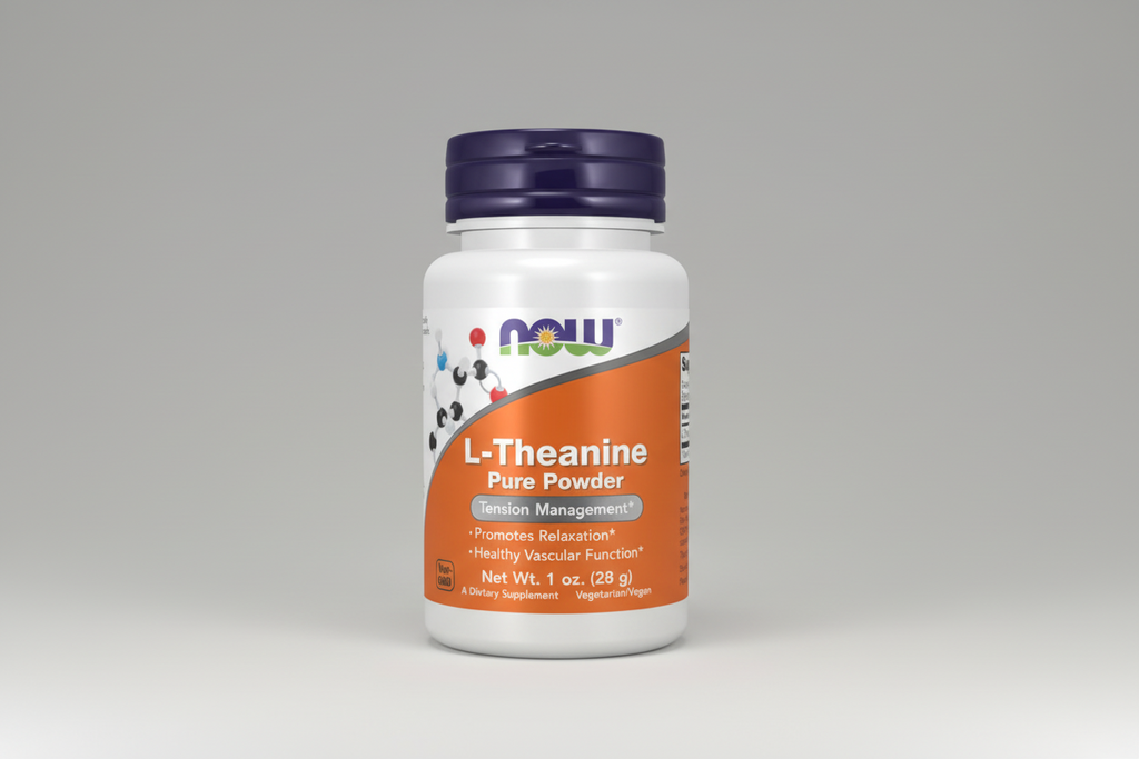 Supplement bottle labeled 'L-Theanine Pure Powder' by NOW on a white background