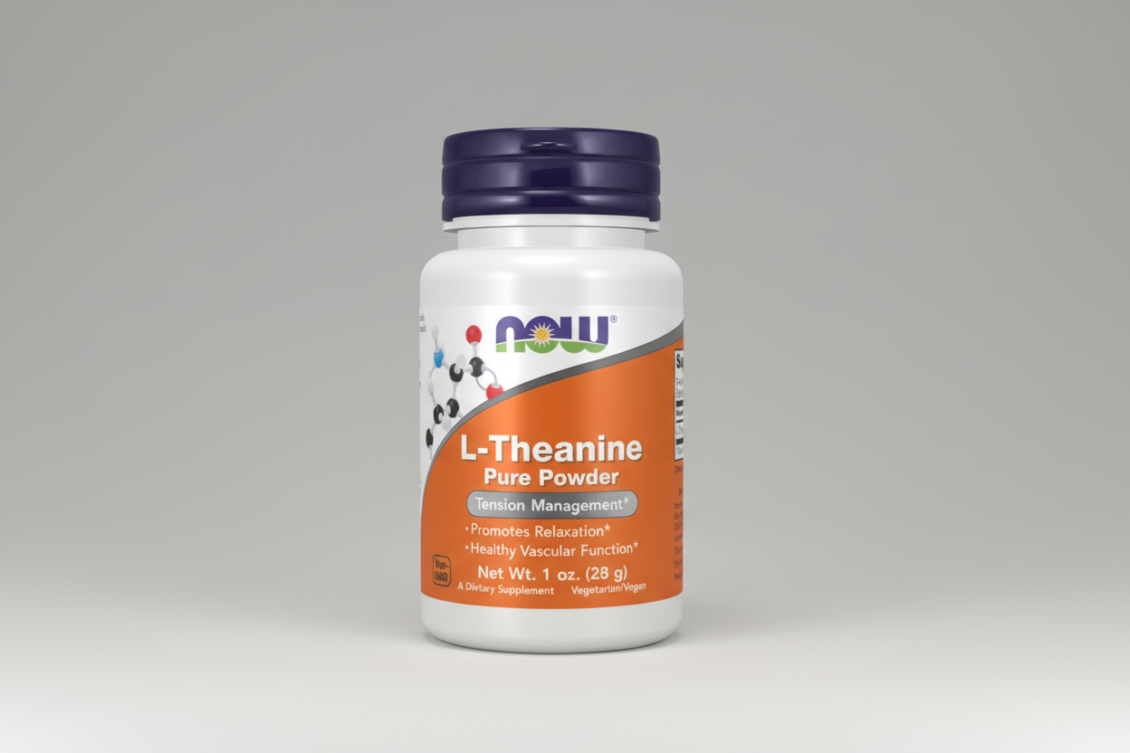 Supplement bottle labeled 'L-Theanine Pure Powder' by NOW on a white background