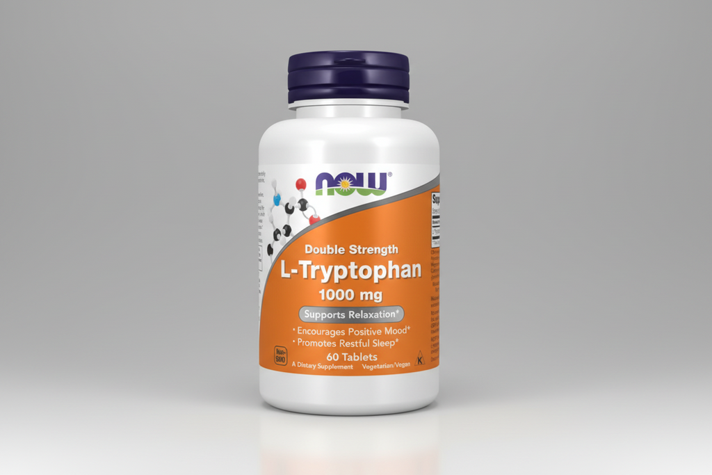 Supplement bottle labeled 'Double Strength L-Tryptophan 1000 mg' by NOW on a white background