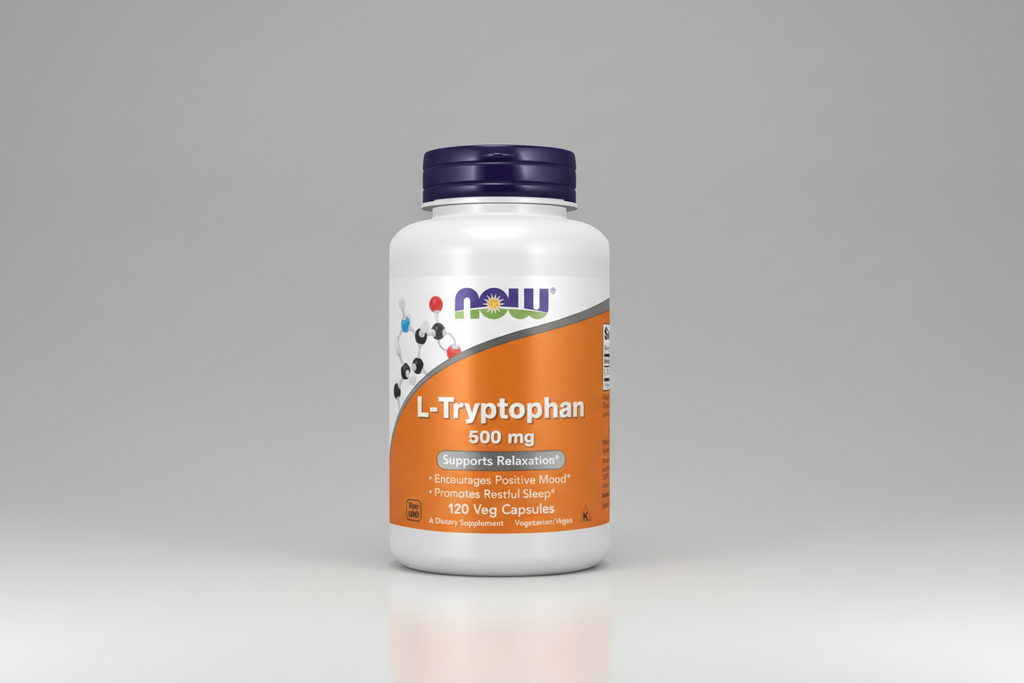 Supplement bottle labeled 'L-Tryptophan 500 mg' with NOW brand on a white background