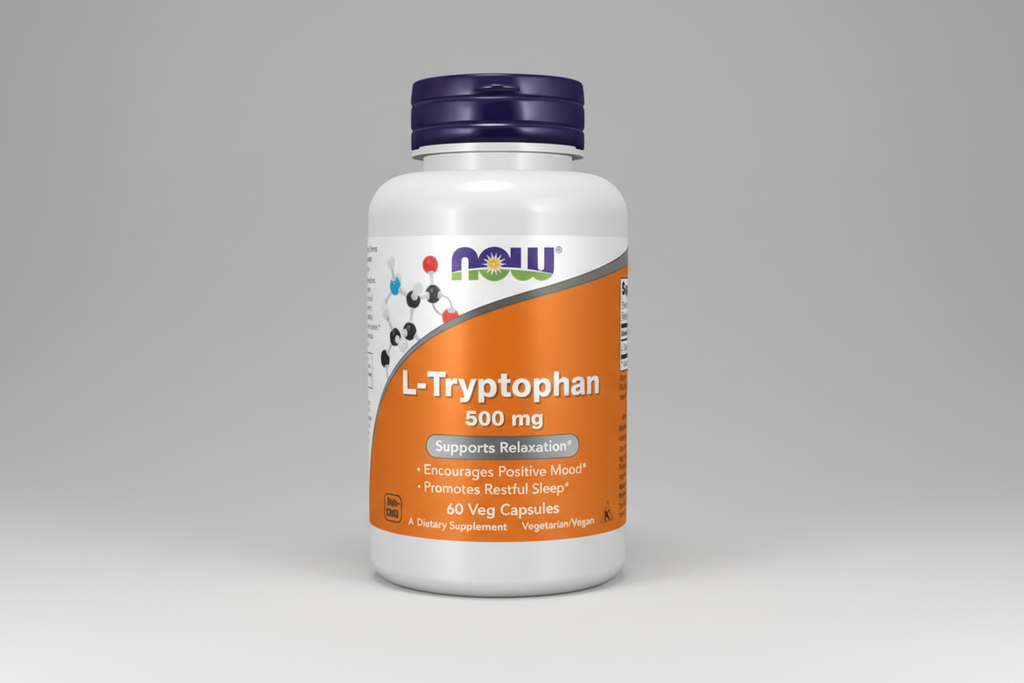 Supplement bottle labeled 'L-Tryptophan 500 mg' with NOW brand on a white background