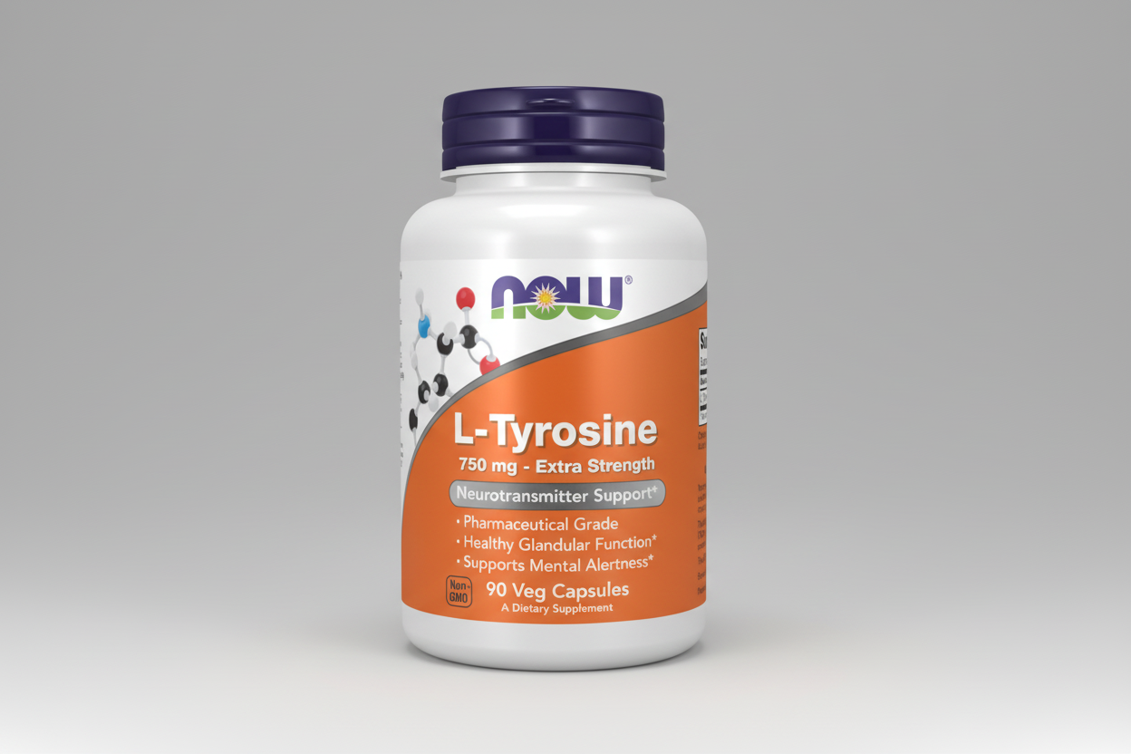 Supplement bottle labeled 'L-Tyrosine' with Now brand on a white background