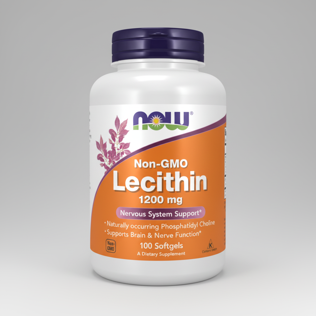 Supplement bottle labeled 'Non-GMO Lecithin 1200 mg' with NOW brand on a white background